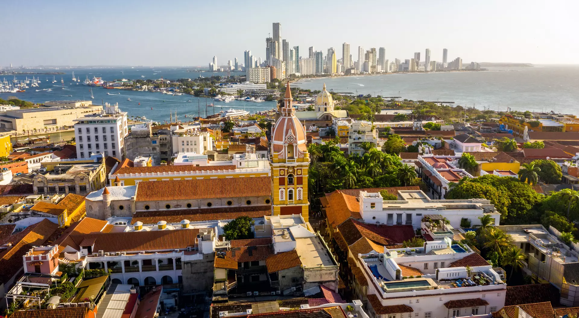 Aerial view of the historic city center of Cartagena, Colombia. Panorama of the old and new parts of the city in Cartagena