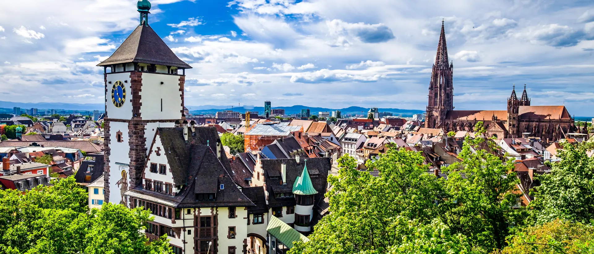 Historic buildings at the famous old town of Freiburg.