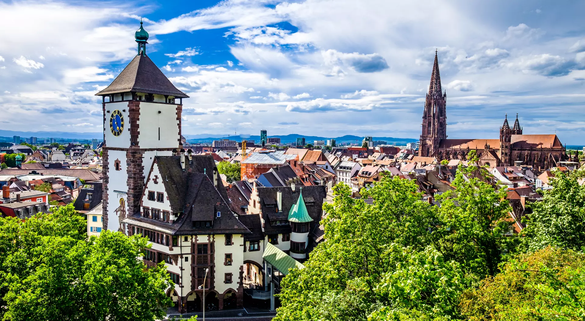 Historic buildings at the famous old town of Freiburg.