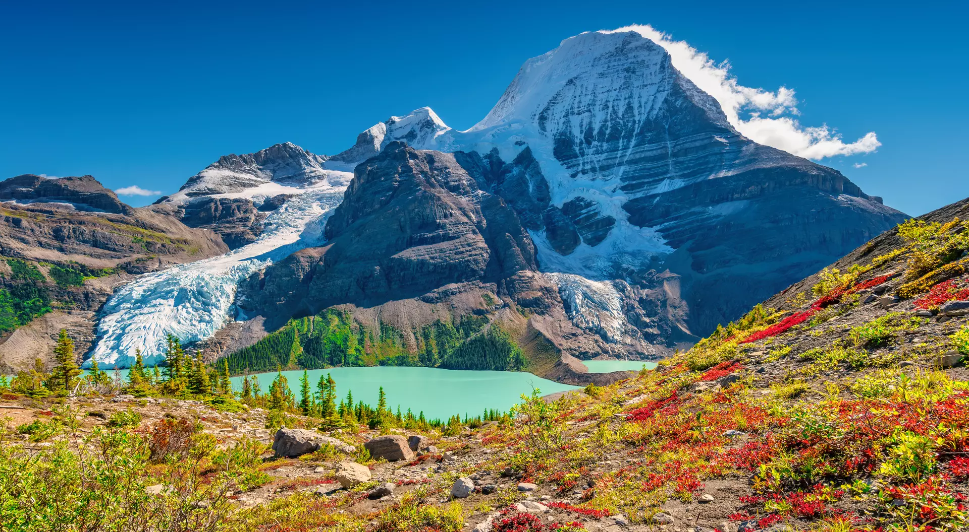 View of Mount Robson from above Berg Lake