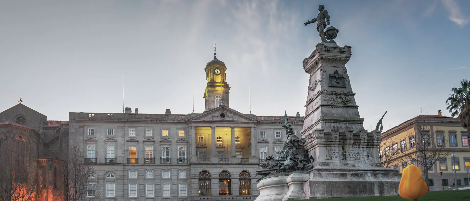 Infante D. Henrique Square with Stock Exchange Palace (Palacio da Bolsa) and Monument to Prince Henry the Navigator
