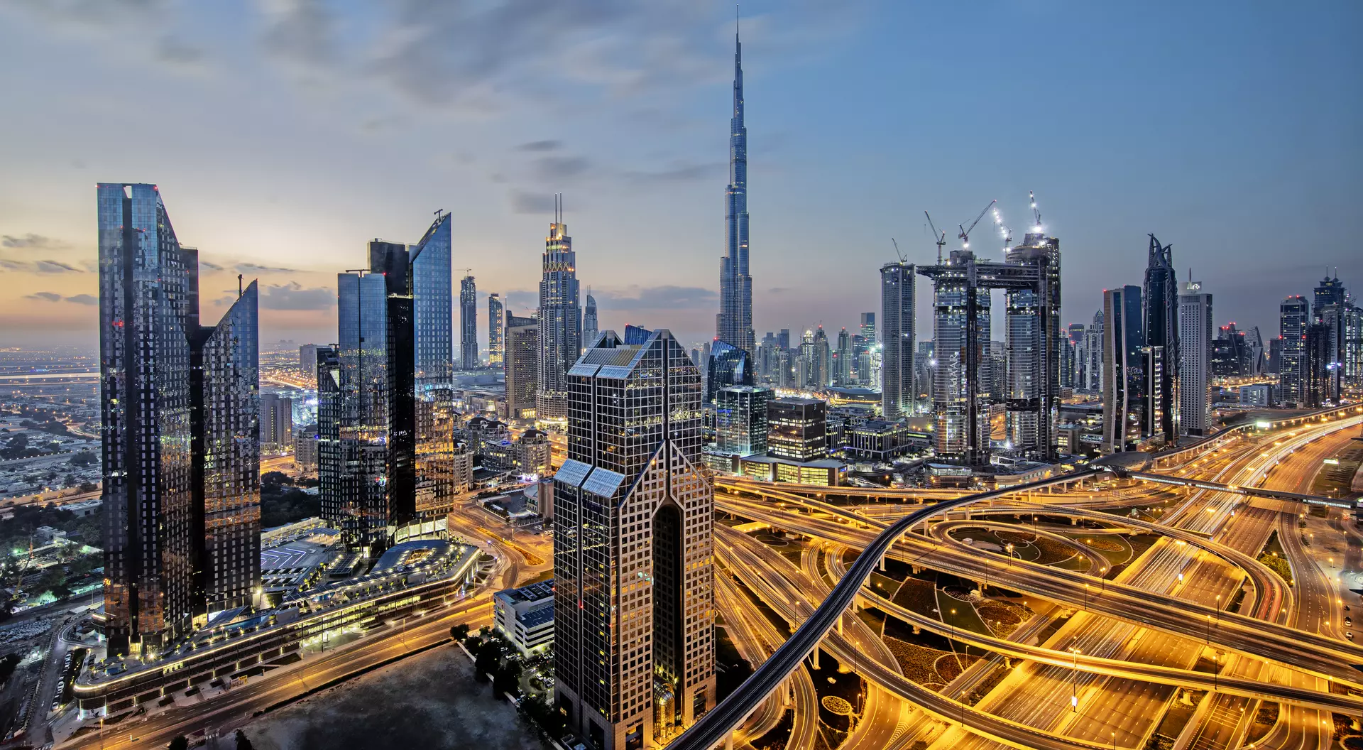 Dubai downtown at twilight with view over sheikh zayed road