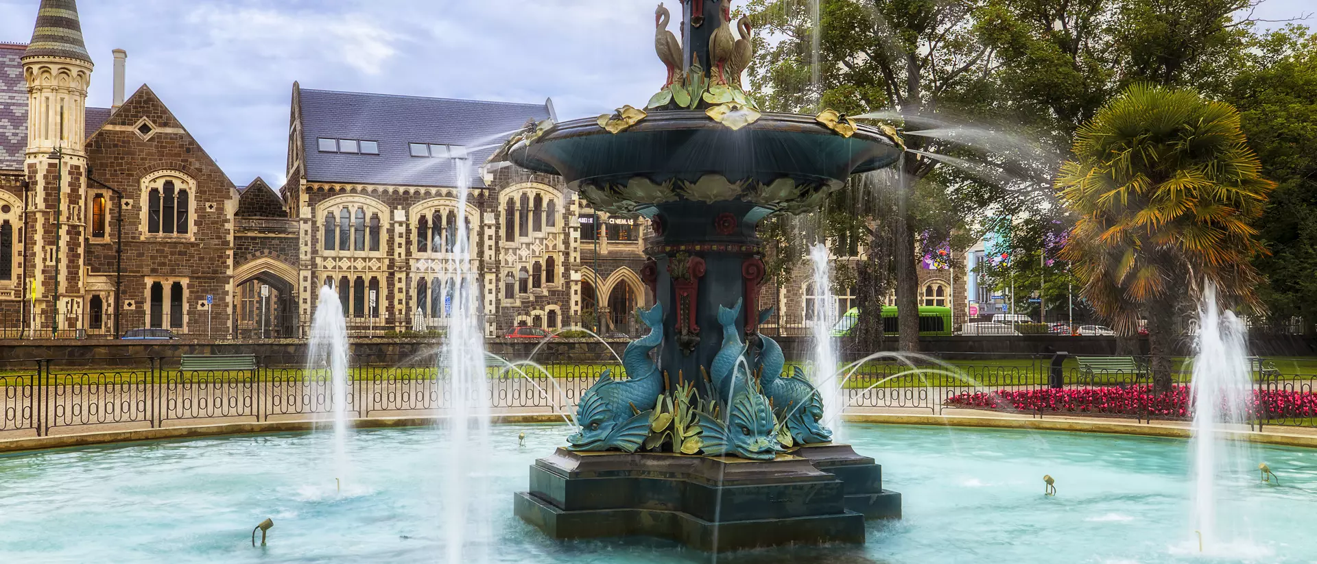 Scenic decorated Peacock fountain in public park of Christchurch city of New Zealand near university historic precinct.