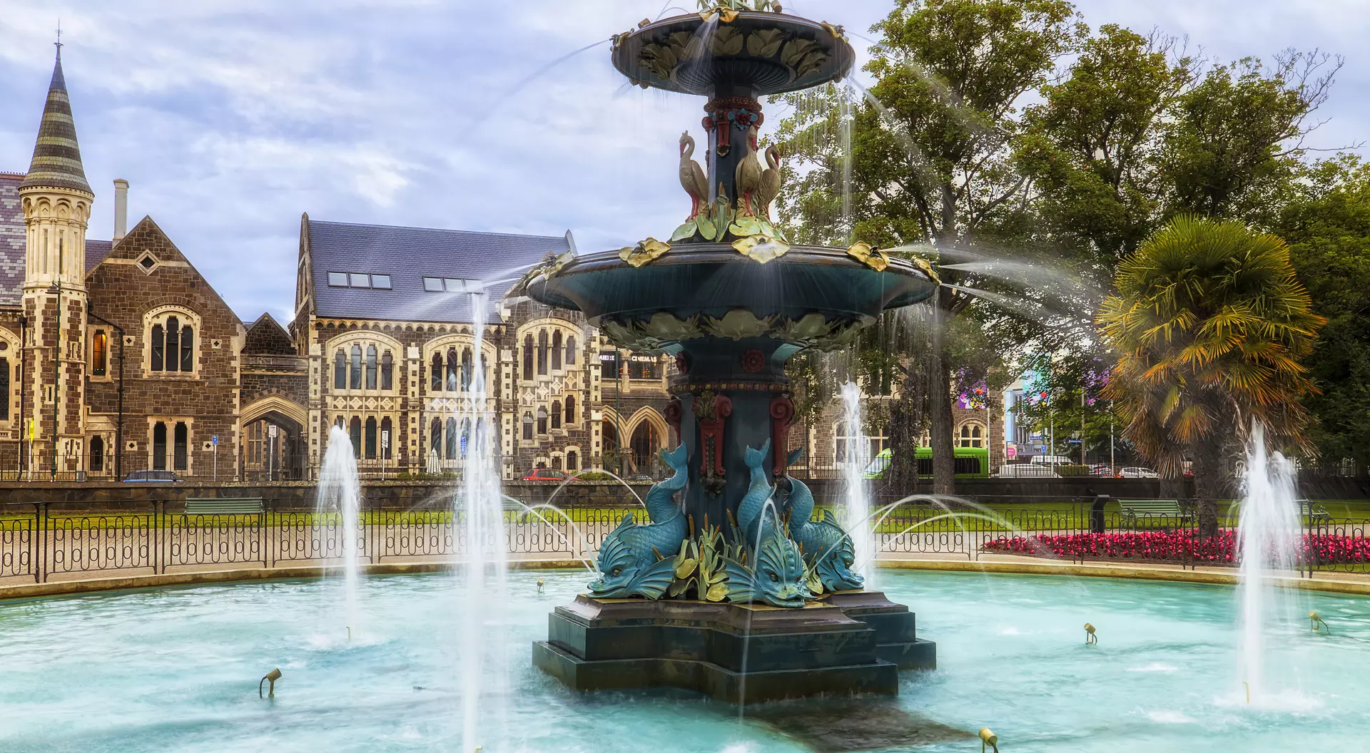 Scenic decorated Peacock fountain in public park of Christchurch city of New Zealand near university historic precinct.