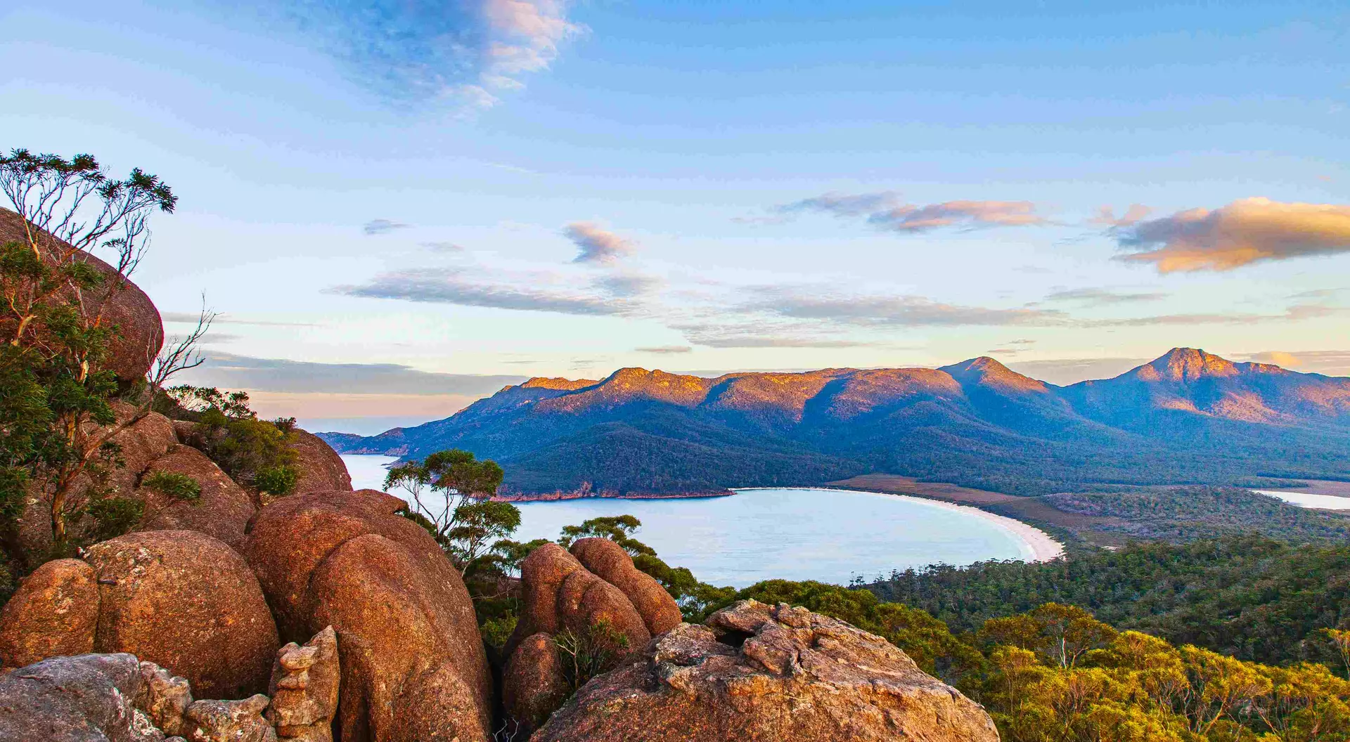 Mountain view overlooking bay of water in Tasmania, Wine Glass Bay, Australia.