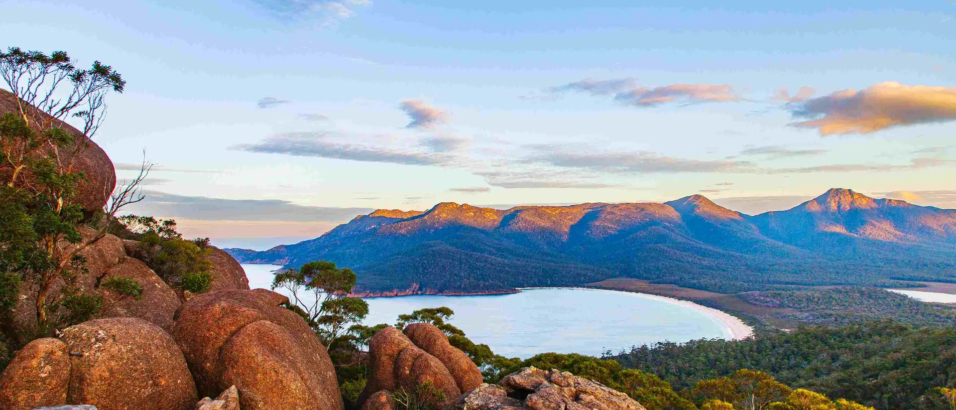 Mountain view overlooking bay of water in Tasmania, Wine Glass Bay, Australia.