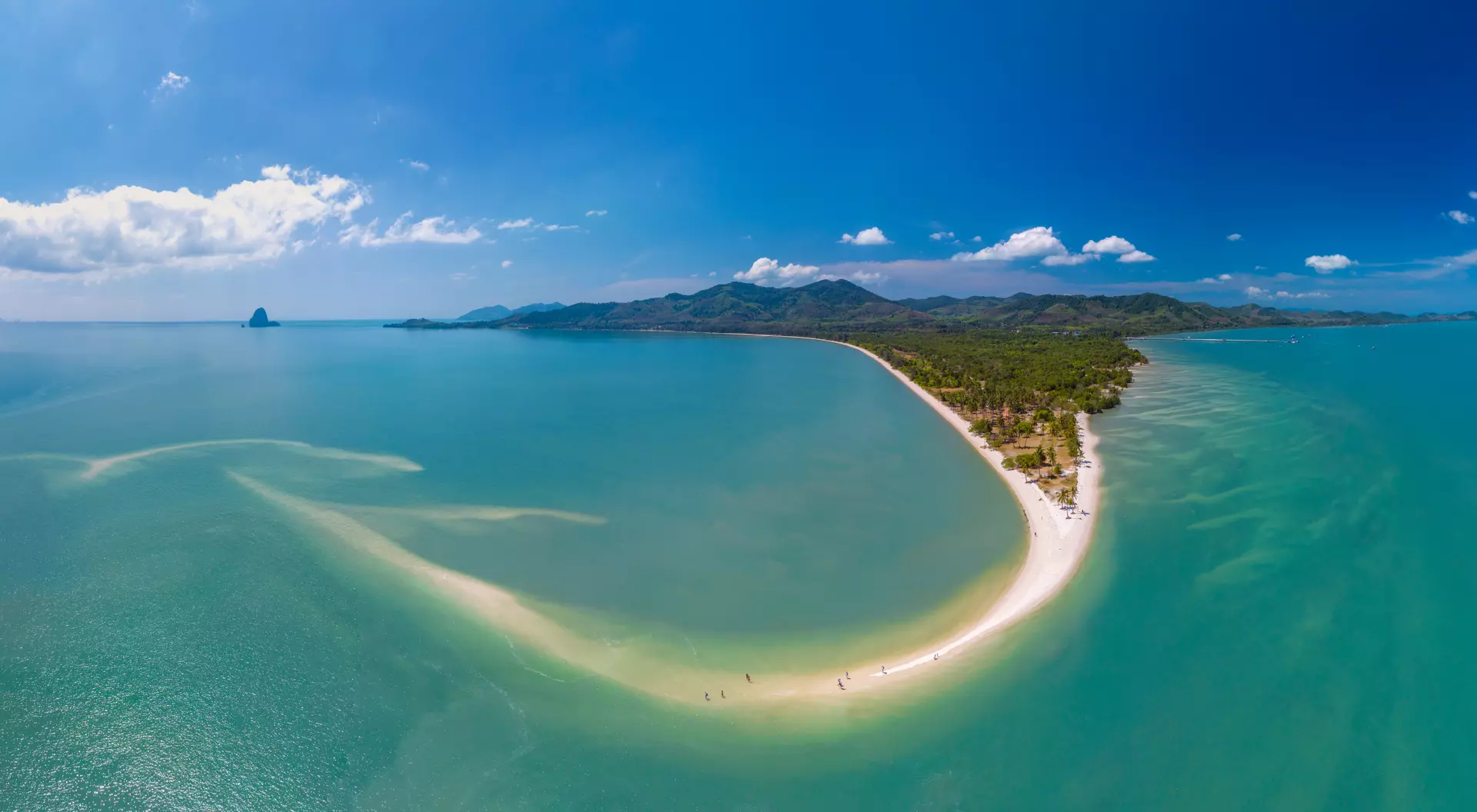 Aerial panorama drone shot of Lam Haed beach peninsula, Koh Yao Yai island, Phang nga, Thailand