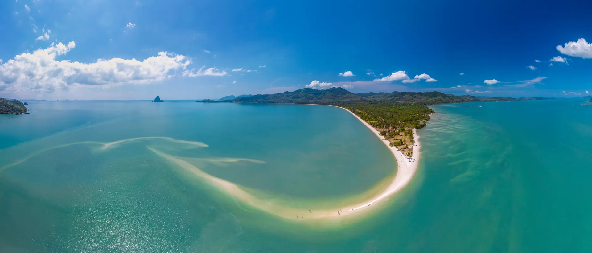 Aerial panorama drone shot of Lam Haed beach peninsula, Koh Yao Yai island, Phang nga, Thailand