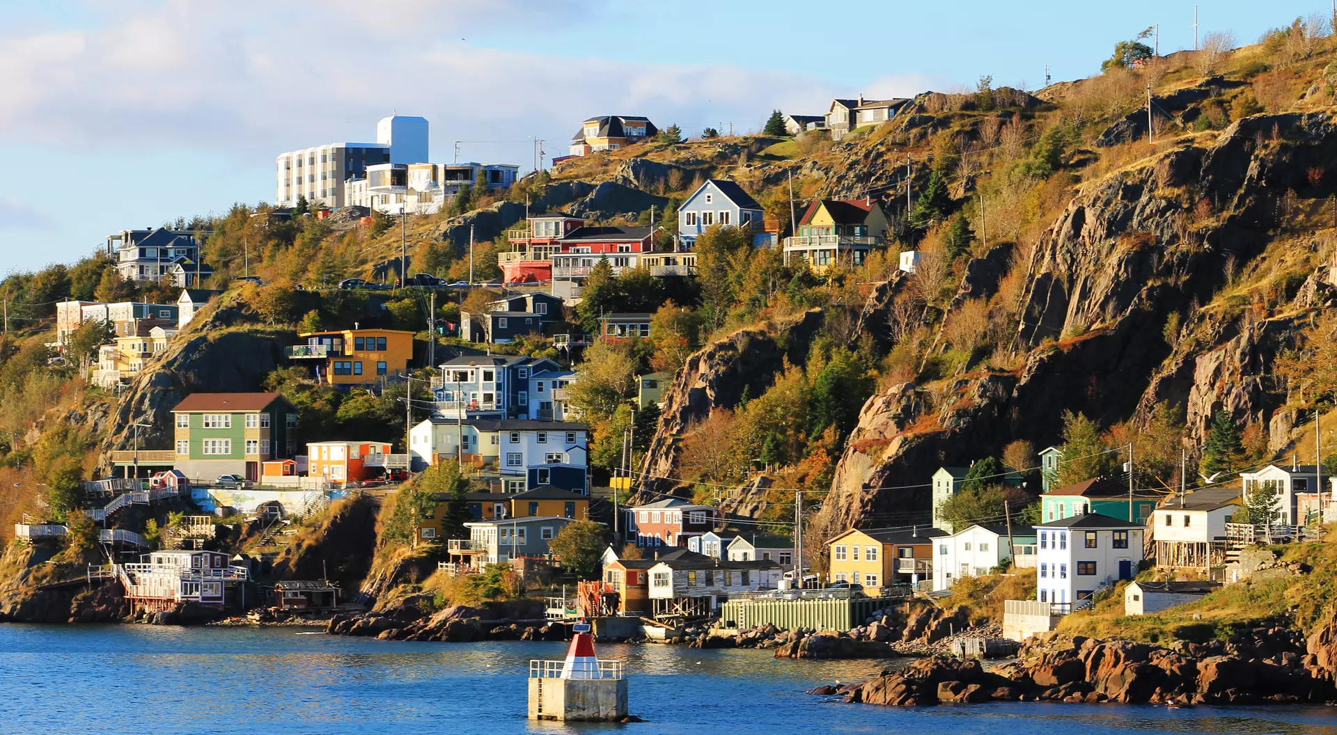 Houses, fishing sheds and stages on the hill side and along the coastline, The Battery, St. John's