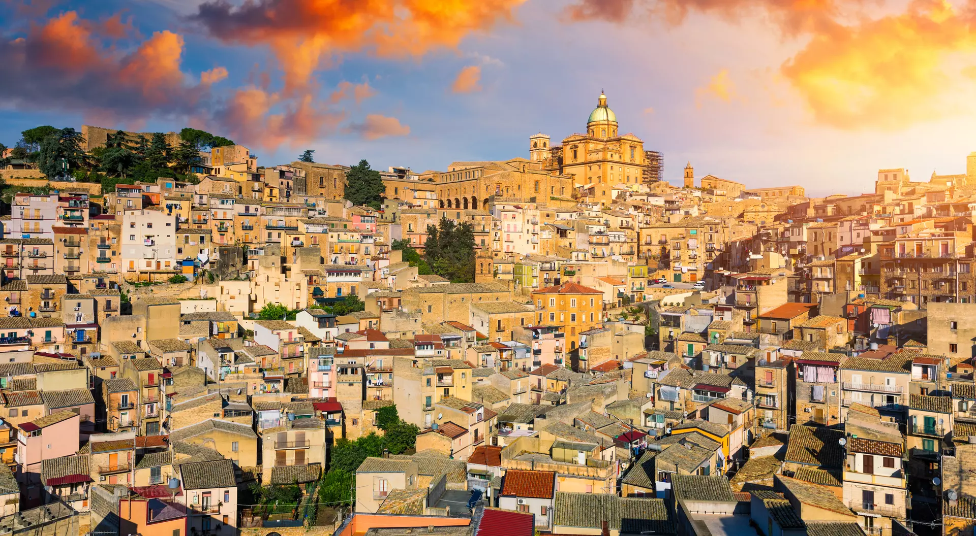 Piazza Armerina in the Enna province of Sicily in Italy. Piazza Armerina cityscape with the Cathedral SS. Assunta and old town, Sicily, Piazza Armerina, Province of Enna, Sicily, Italy, Europe.