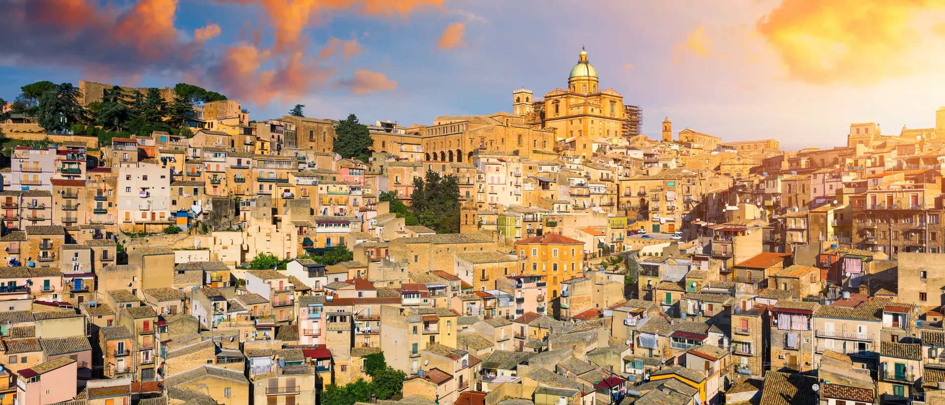 Piazza Armerina in the Enna province of Sicily in Italy. Piazza Armerina cityscape with the Cathedral SS. Assunta and old town, Sicily, Piazza Armerina, Province of Enna, Sicily, Italy, Europe.