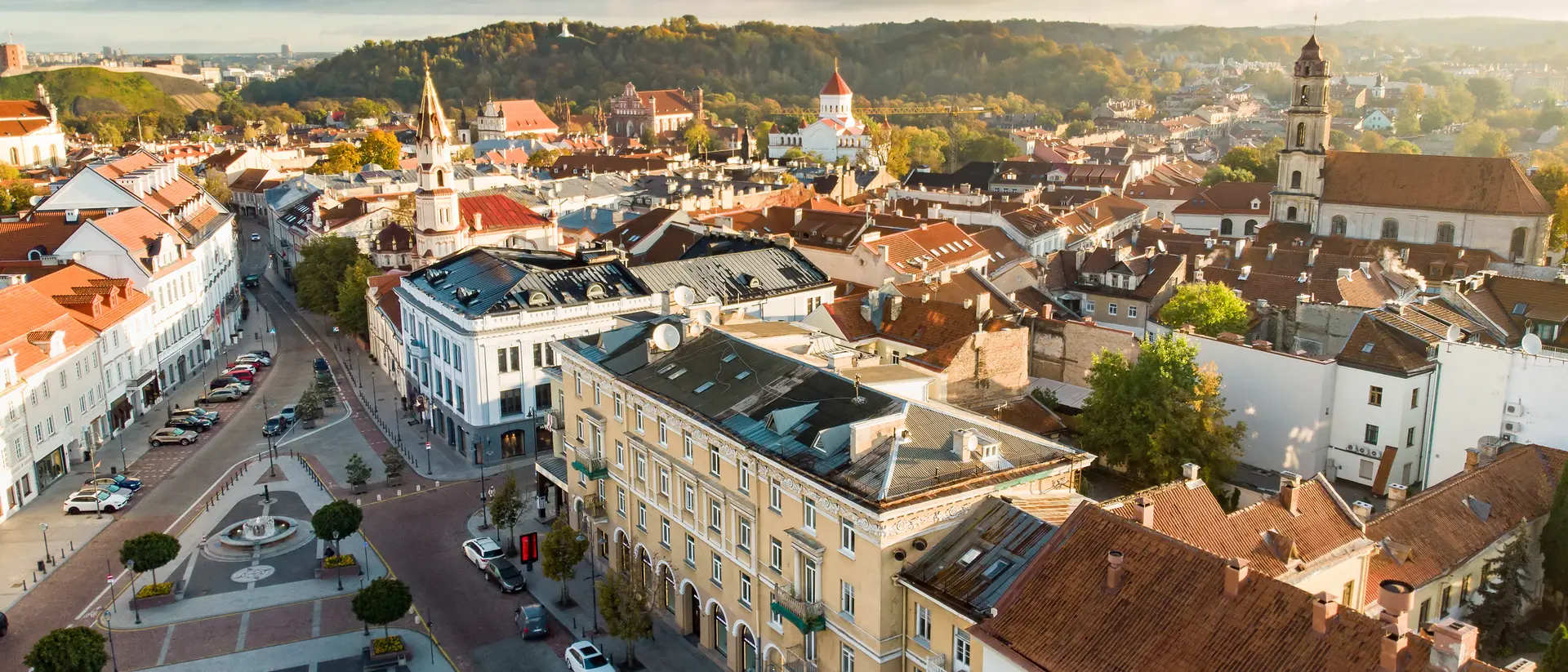 Town Hall Square at the end of the Pilies Street, a traditional centre of trade and events in Vilnius. Beautiful autumn day in the capital of Lithuania.