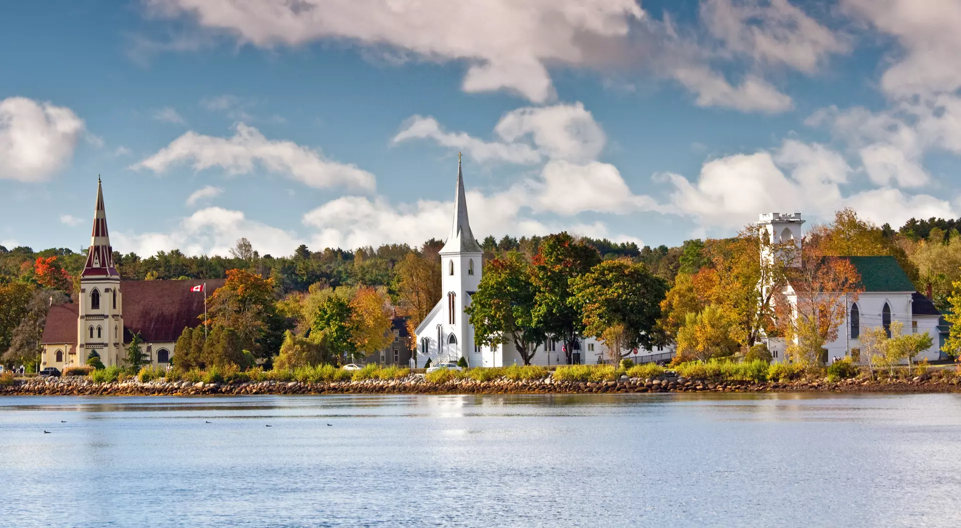 Aerial view of the Three Churches at Mahone Bay