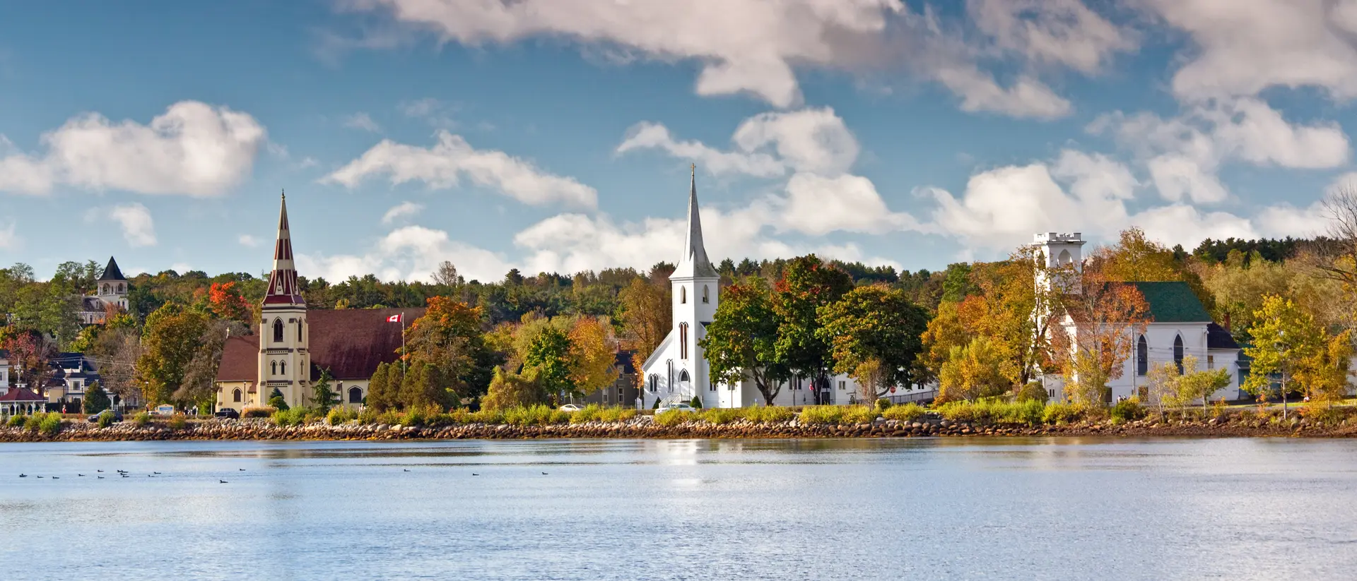 Aerial view of the Three Churches at Mahone Bay