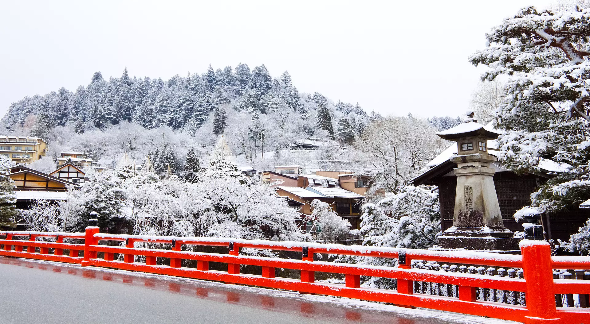 The red bridge of Hida in winter.