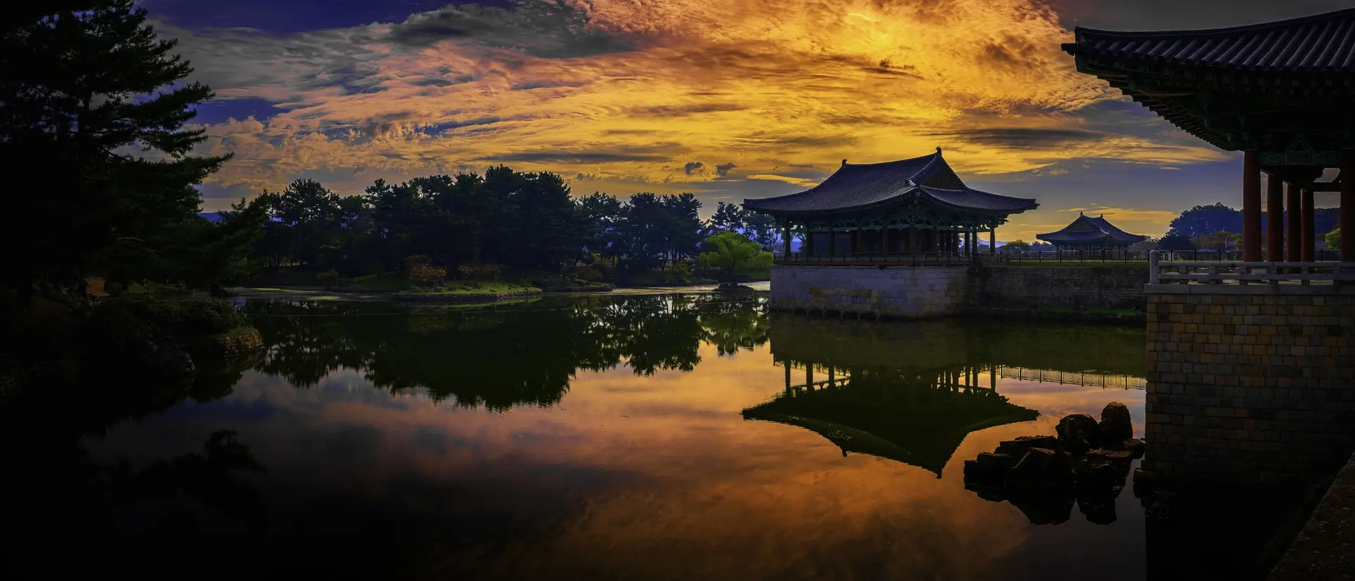 Gyeongju City Landmark Heritage Site in South Korea, of Donggung Palace, Wolji Pond and Anapji Park with traditional Korean architecture and garden at sunset