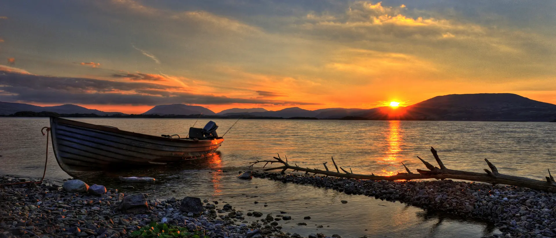Sun setting over Mount Gable, Lough Corrib, County Galway, Ireland