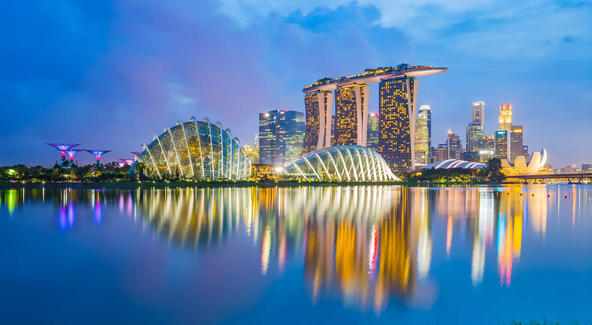 Singapore skyline cityscape at night.