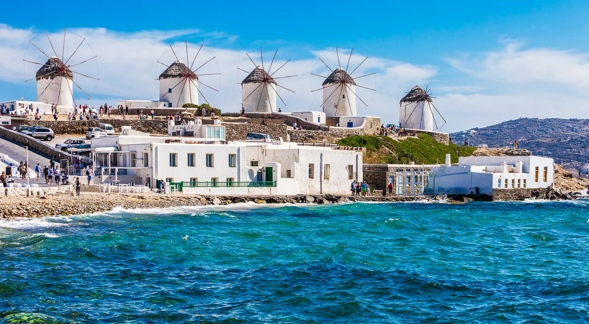 Two of the famous windmills in Mykonos.