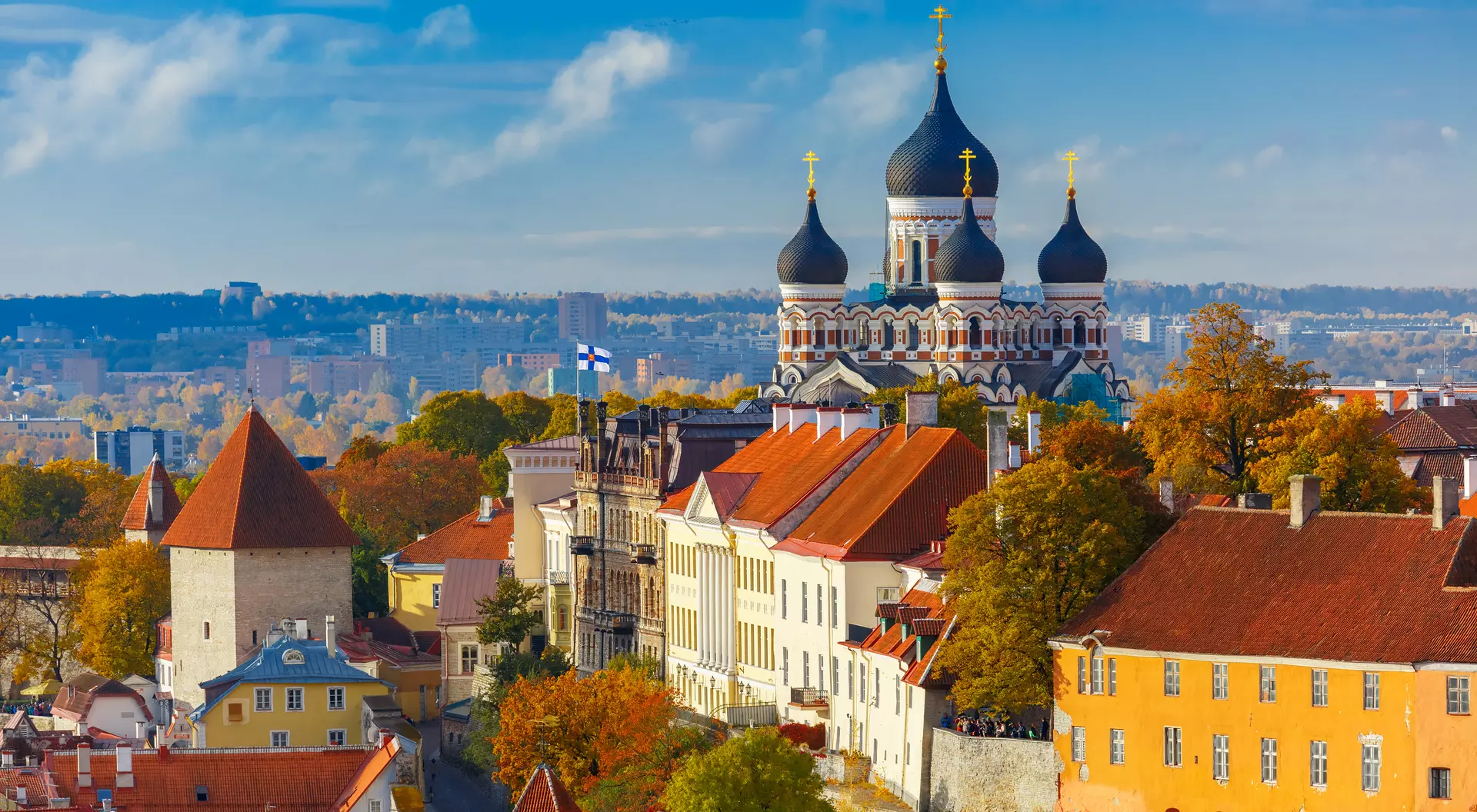 Toompea hill with tower Pikk Hermann and Russian Orthodox Alexander Nevsky Cathedral, view from the tower of St. Olaf Church.