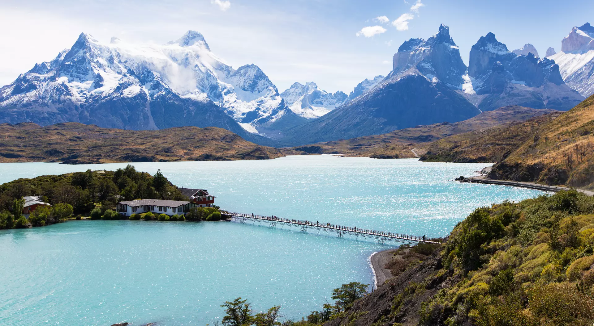 View at Lake Pehoe and Cuernos del Paine in Torres del Paine National Park, Patagonia, Chile