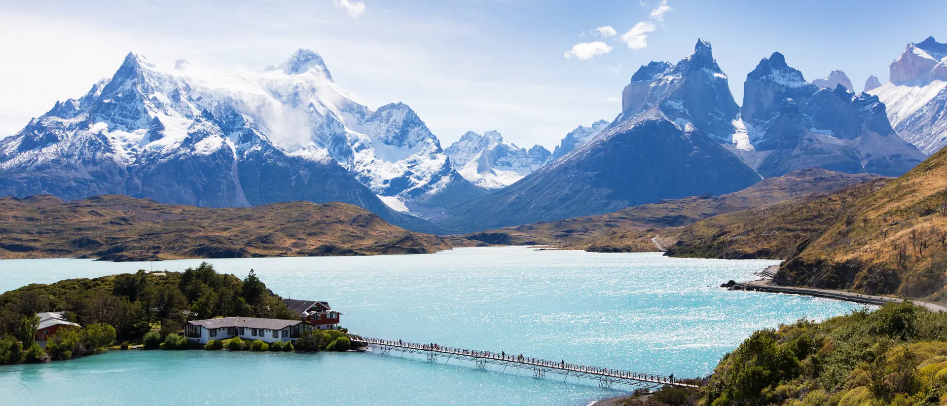 View at Lake Pehoe and Cuernos del Paine in Torres del Paine National Park, Patagonia, Chile