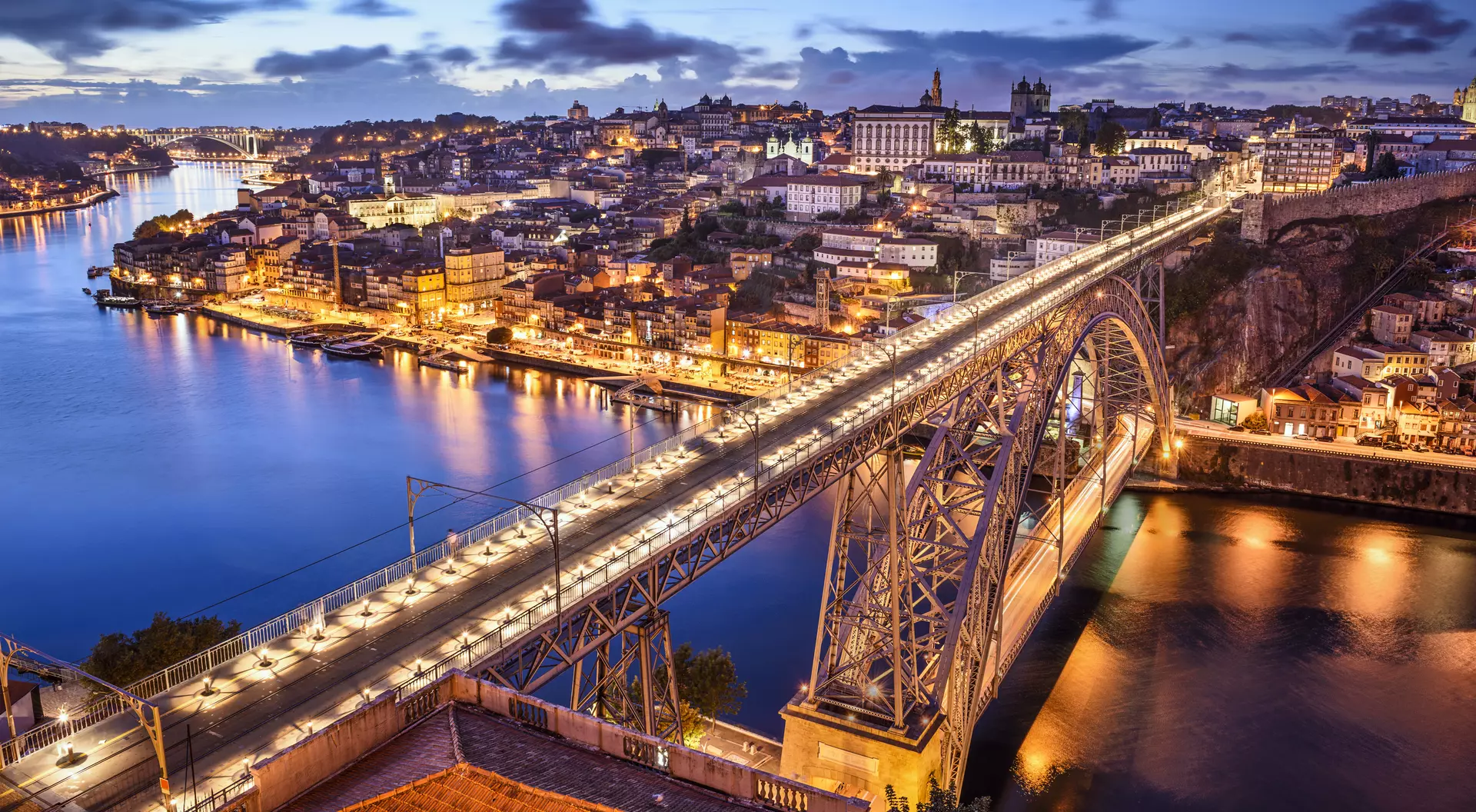 A night view of Dom Luís I Bridge and cityscape on the Douro River