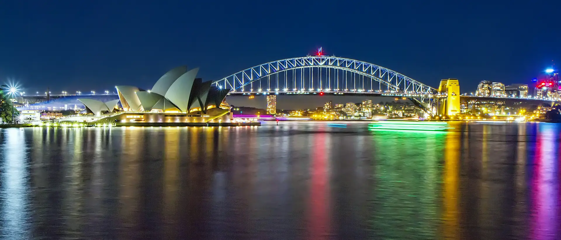Panorama of Sidney by night (Vivid Light), the Opera House, Harbour Bridge