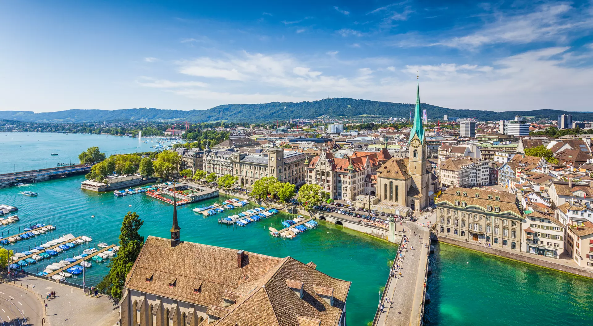 Aerial view of Zurich city center with famous Fraumunster Church and river Limmat at Lake Zurich