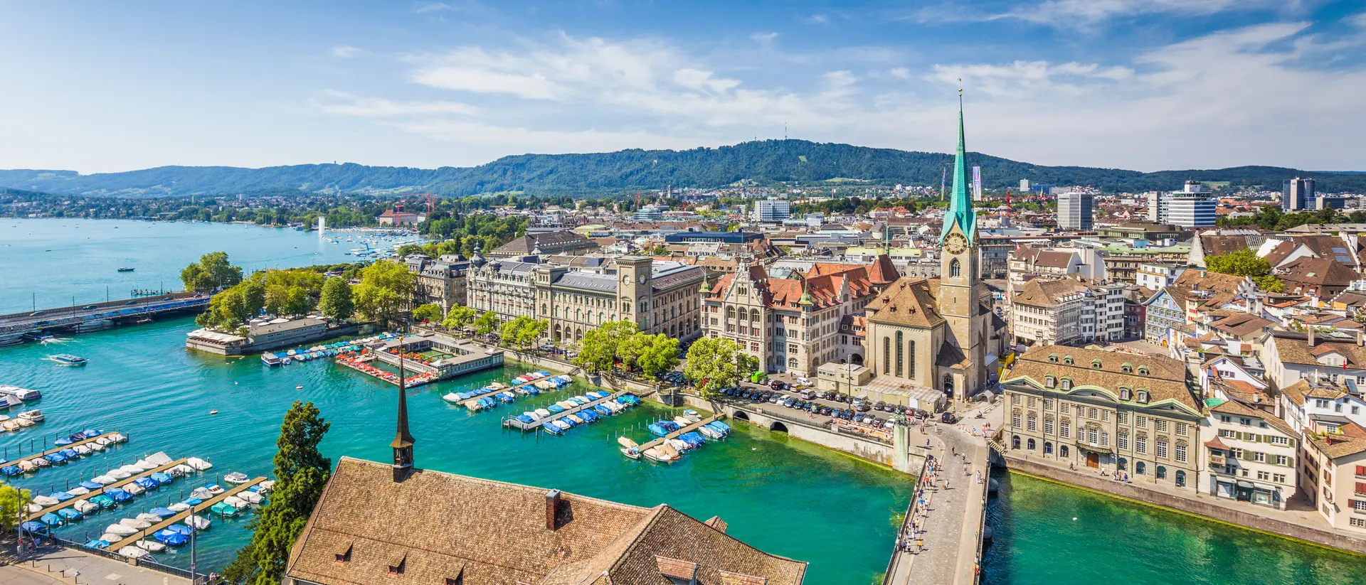 Aerial view of Zurich city center with famous Fraumunster Church and river Limmat at Lake Zurich
