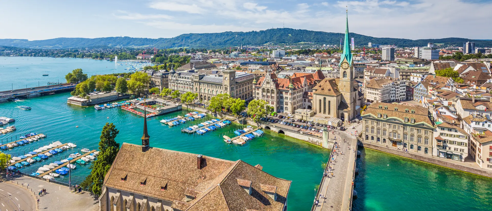 Aerial view of Zurich city center with famous Fraumunster Church and river Limmat at Lake Zurich