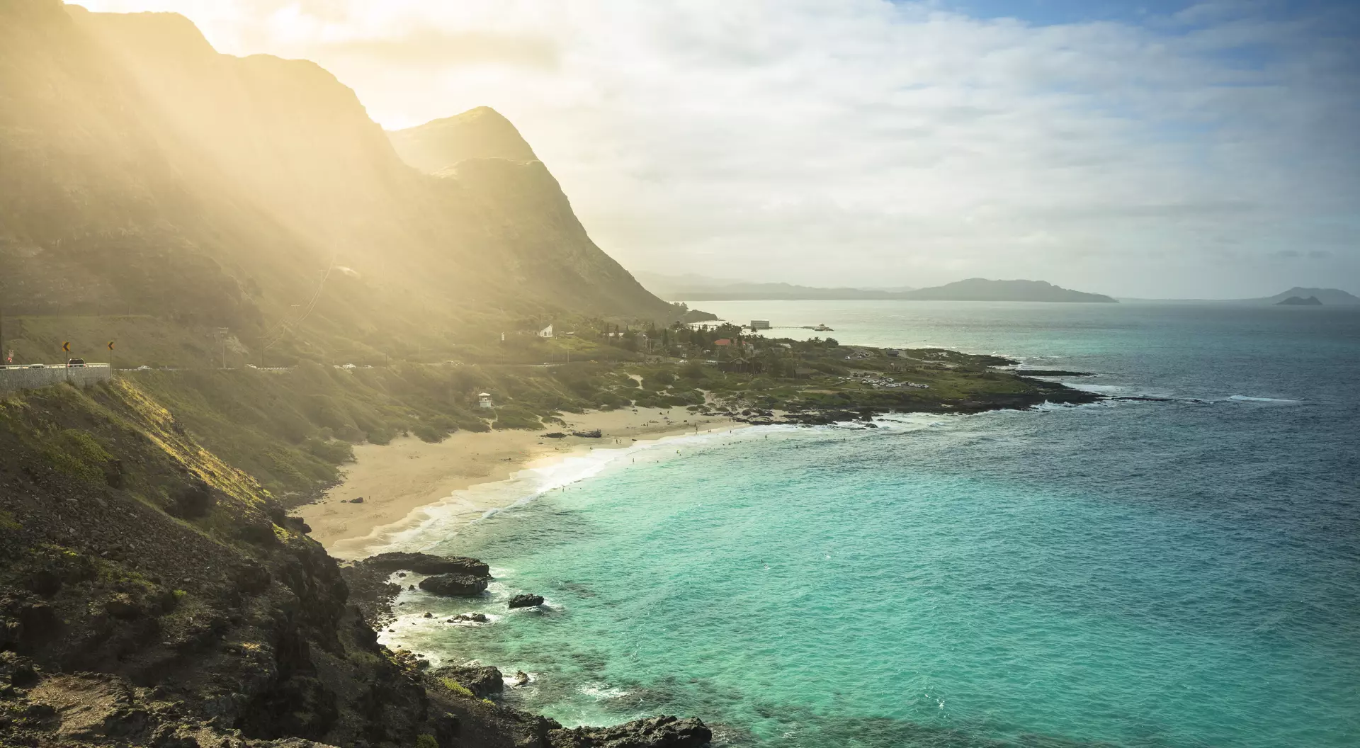 Aerial view of scenic Makapuu Beach and Pacific Ocean shoreline