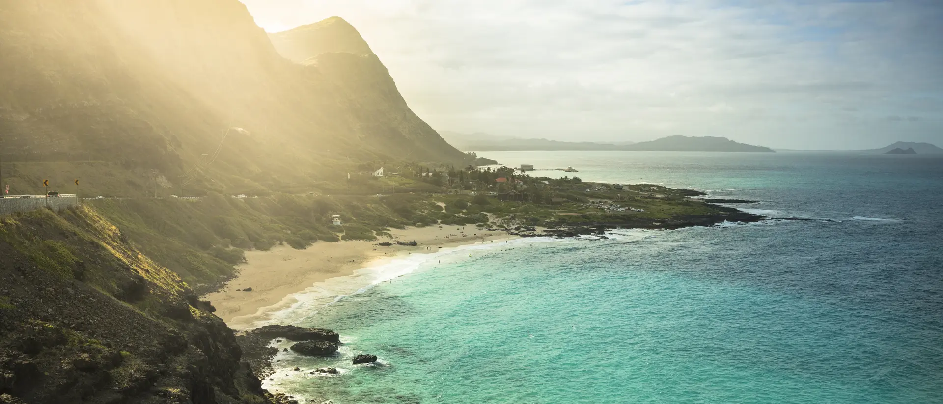 Aerial view of scenic Makapuu Beach and Pacific Ocean shoreline