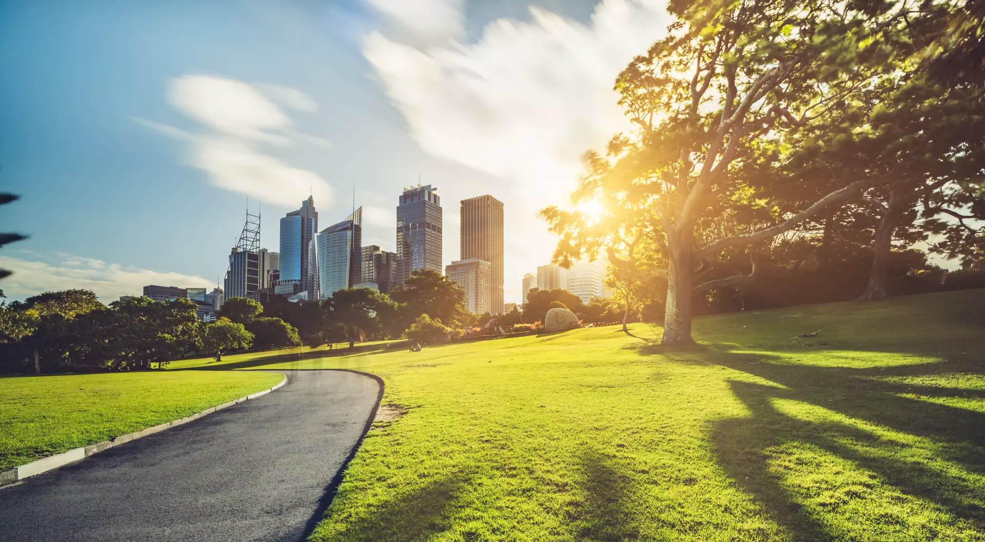 Walkway in the Royal Botanic Gardens leads to skyscrapers in the Sydney, Australia