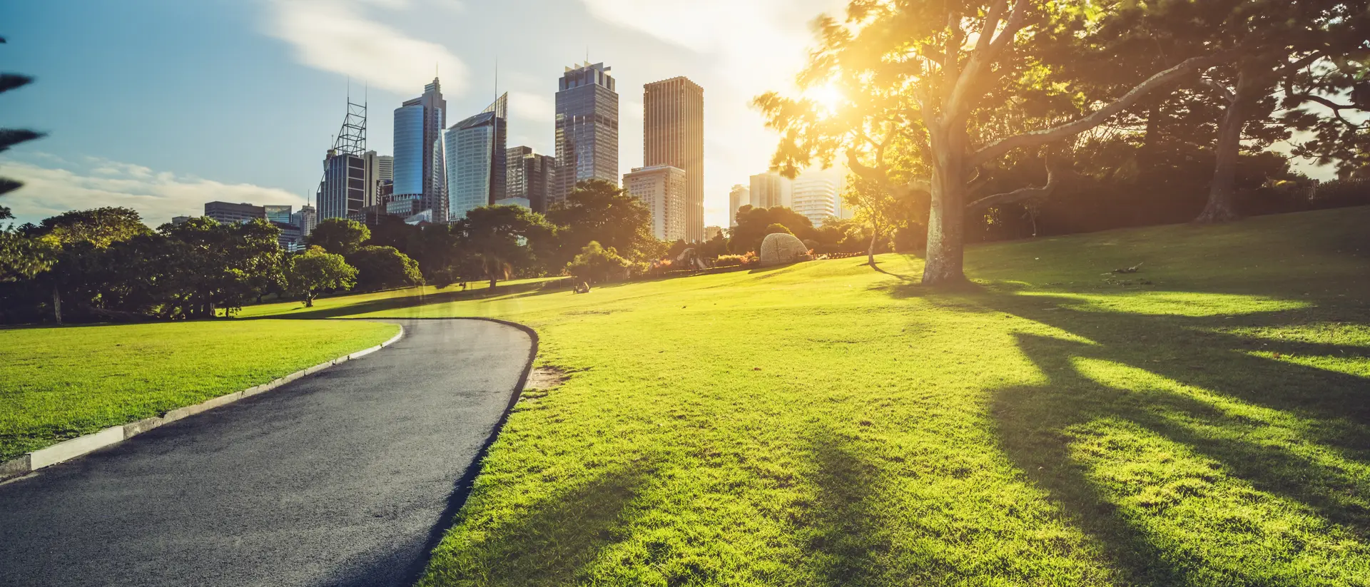 Walkway in the Royal Botanic Gardens leads to skyscrapers in the Sydney, Australia