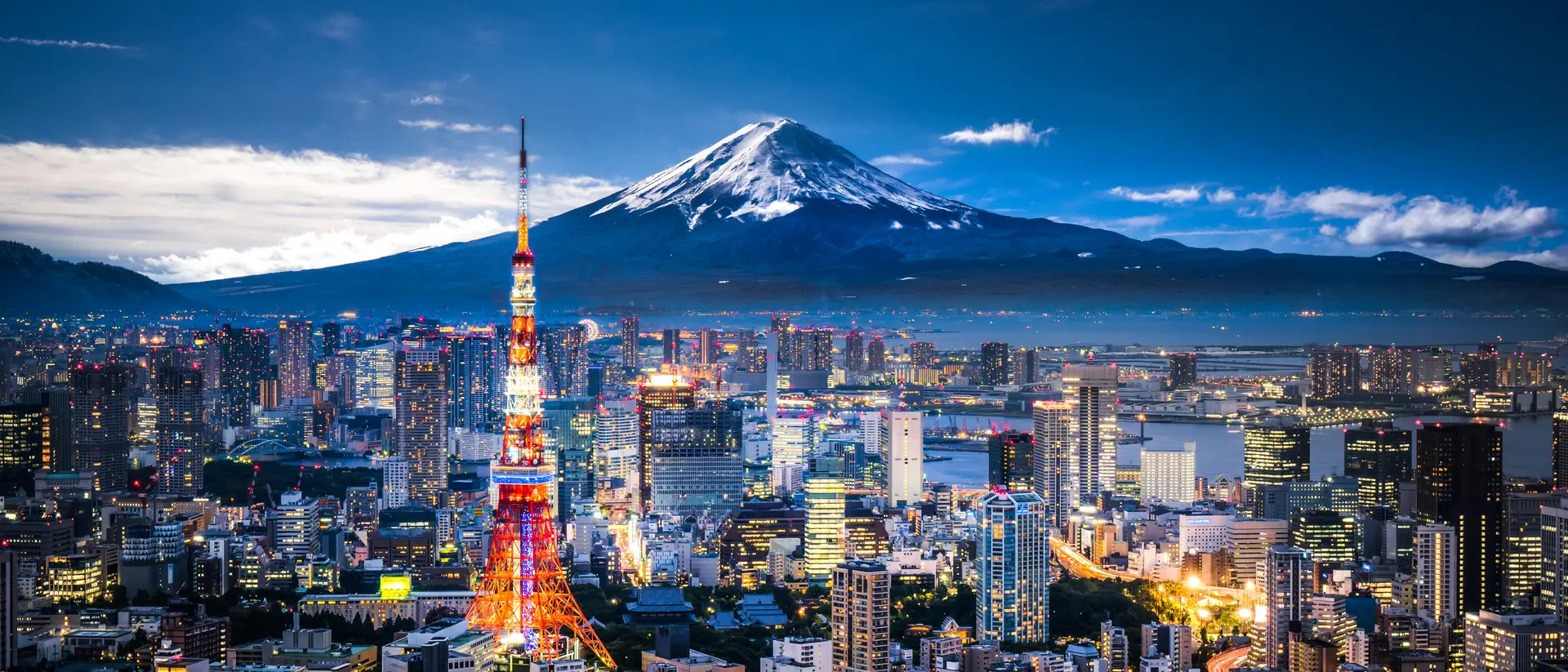 View of Mt. Fuji and Tokyo skyline at dusk.