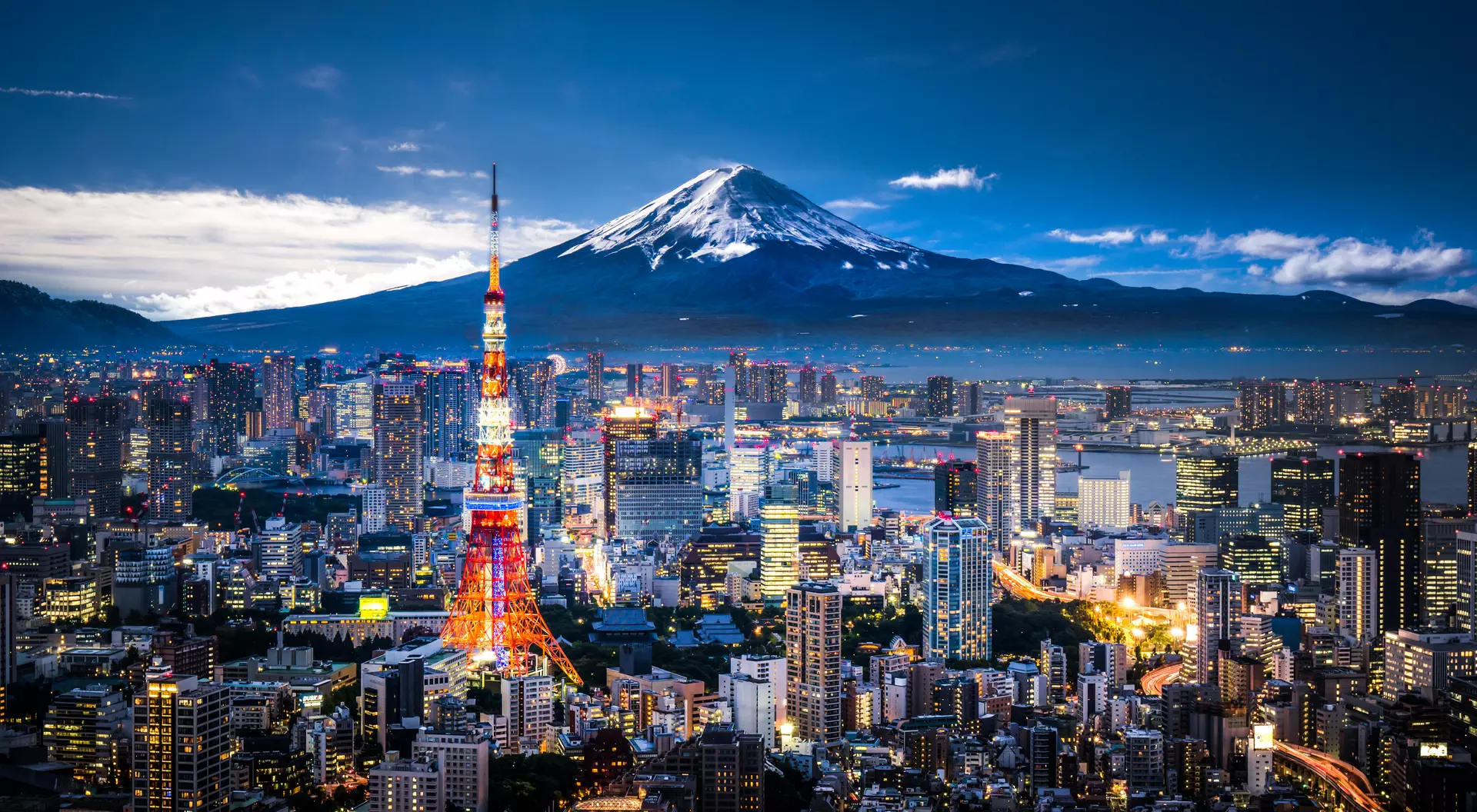 View of Mt. Fuji and Tokyo skyline at dusk.