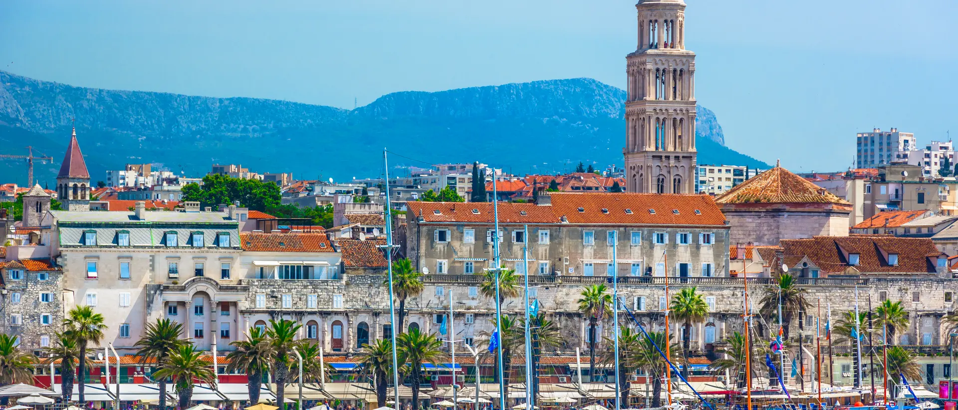 Seafront view at old city center in Split town, view from the Adriatic Sea.