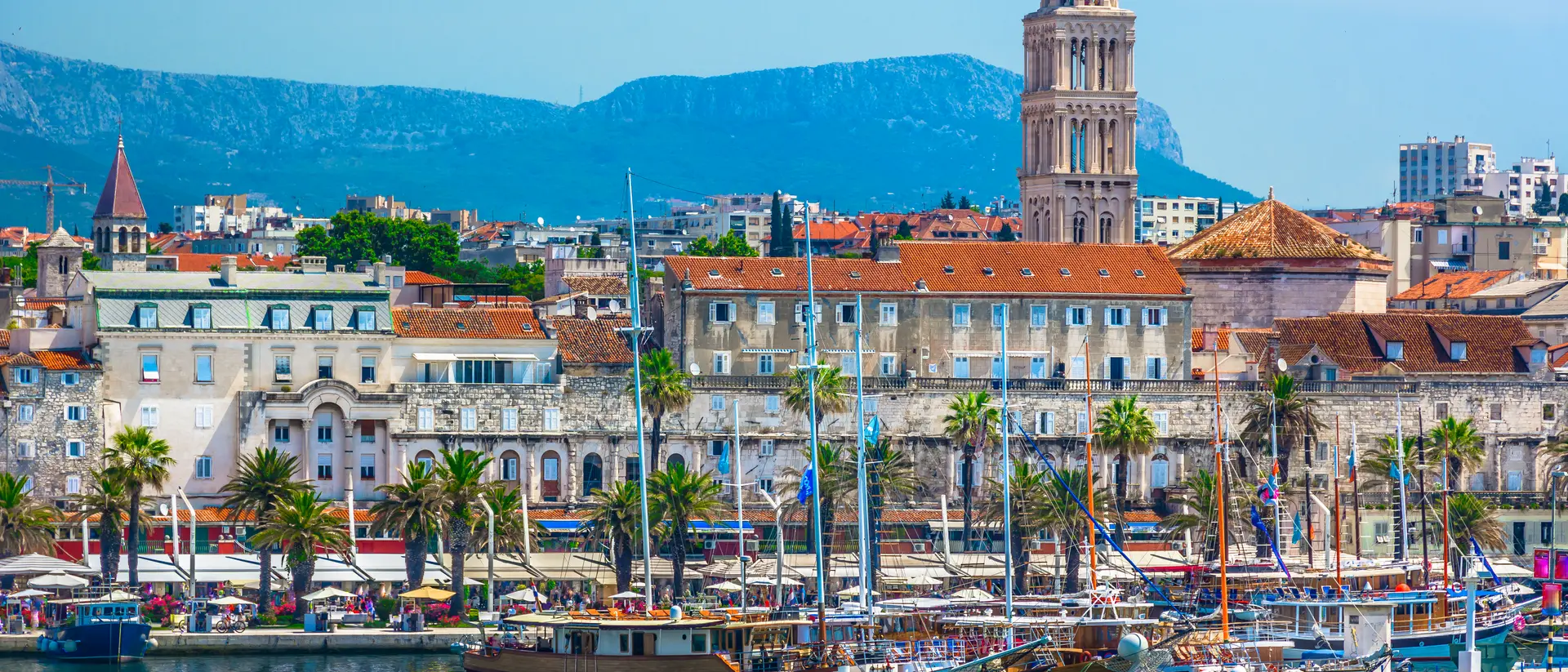 Seafront view at old city center in Split town, view from the Adriatic Sea.