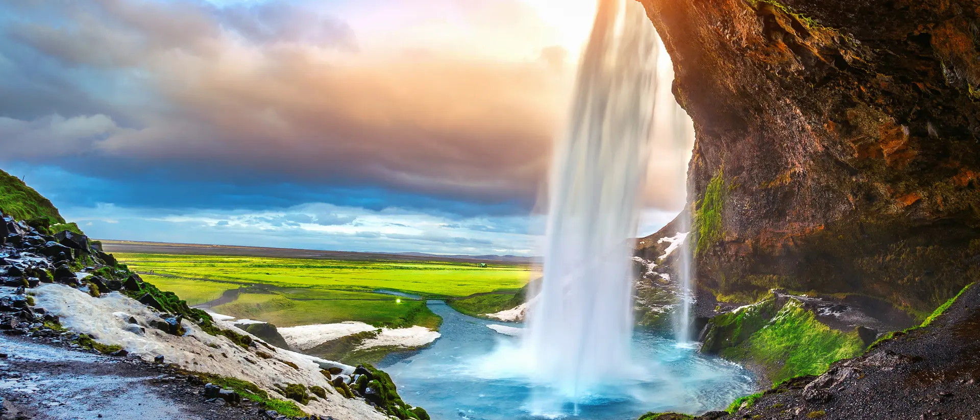 Seljalandsfoss Waterfall during the sunset, Beautiful waterfall in Iceland.