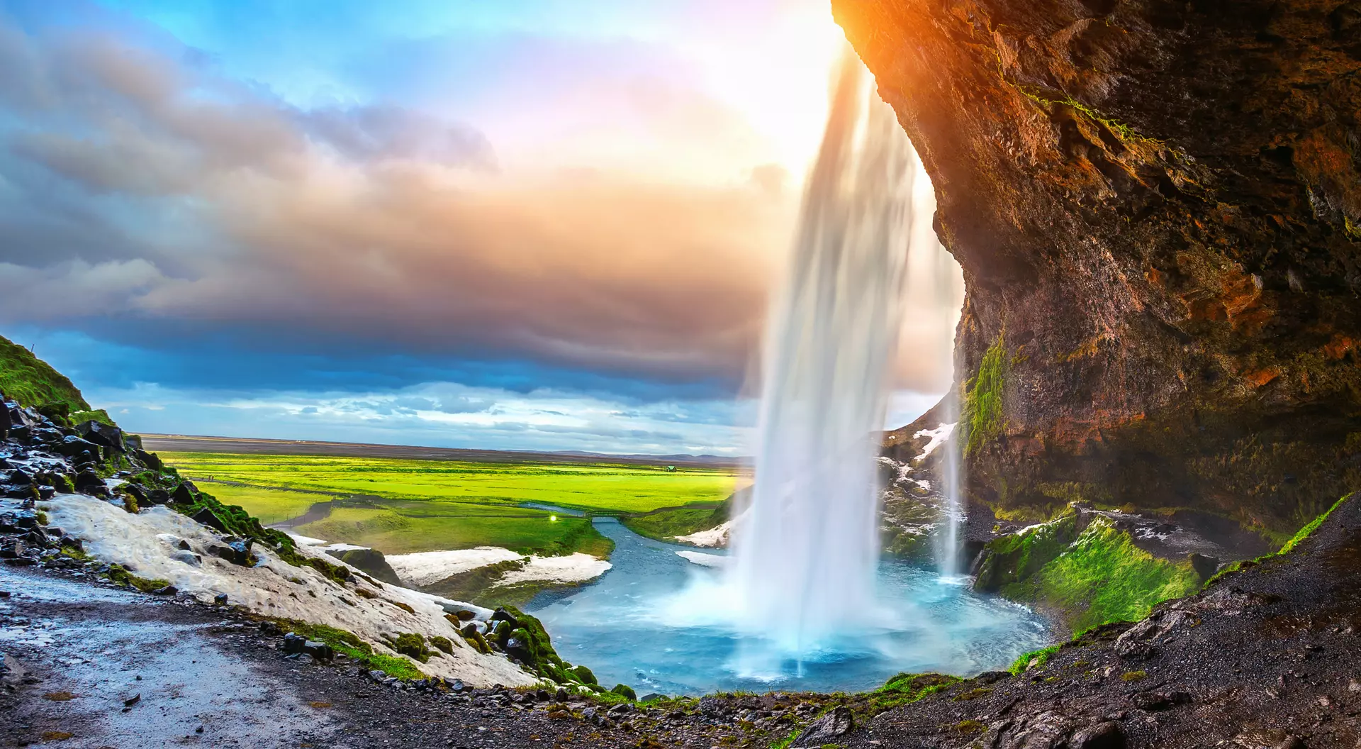 Seljalandsfoss Waterfall during the sunset, Beautiful waterfall in Iceland.