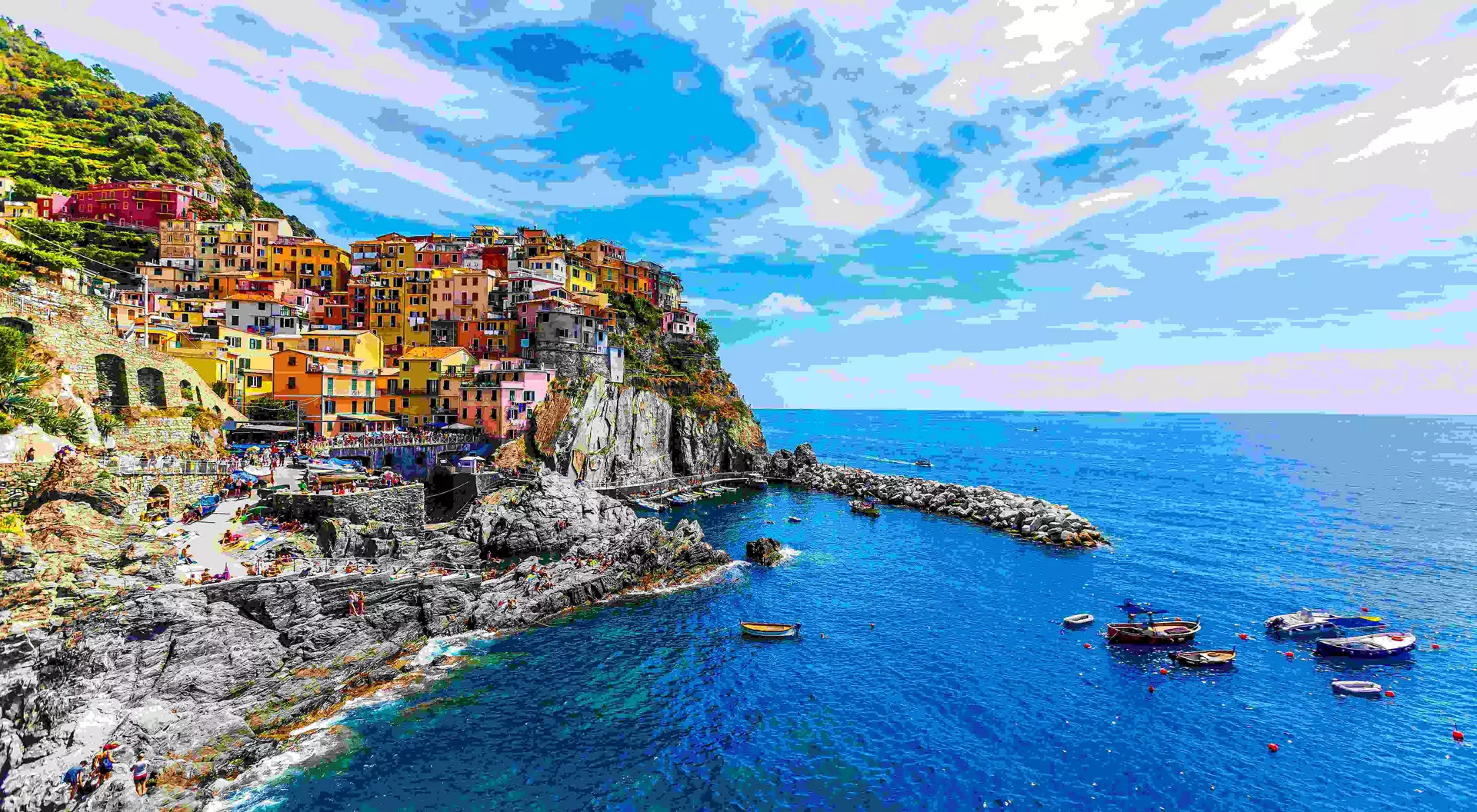 view of the colourful cliffside homes of Cinque Terre in Italy