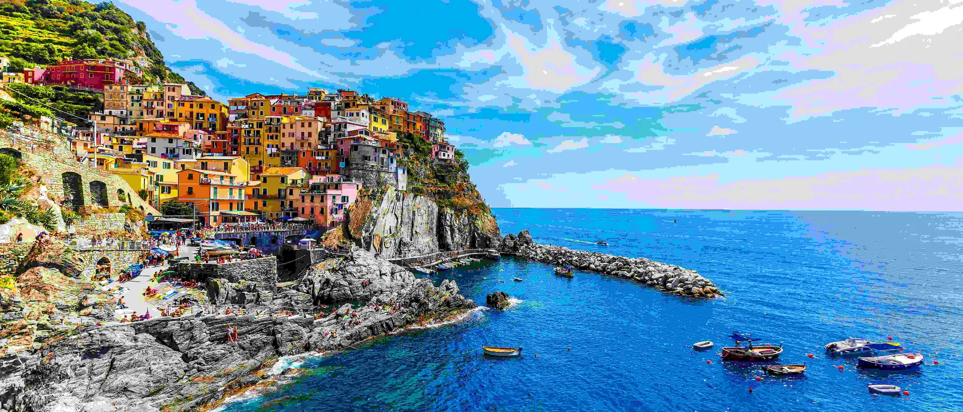 view of the colourful cliffside homes of Cinque Terre in Italy