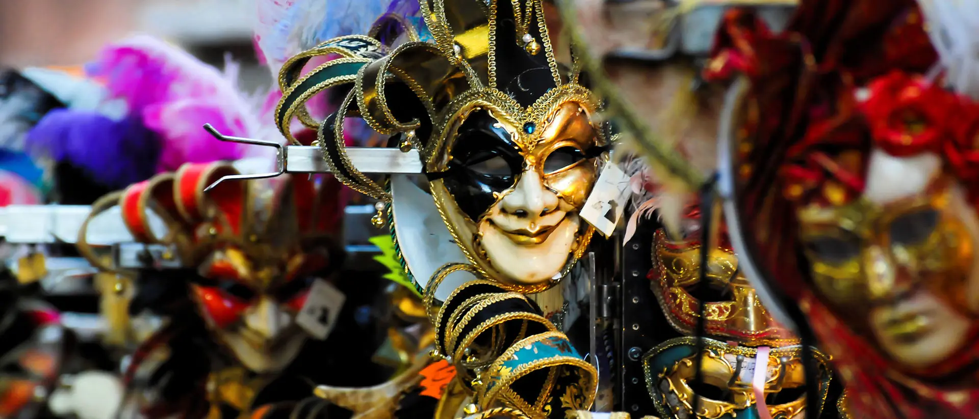 A bunch of masks during Venice Carnival in Italy.