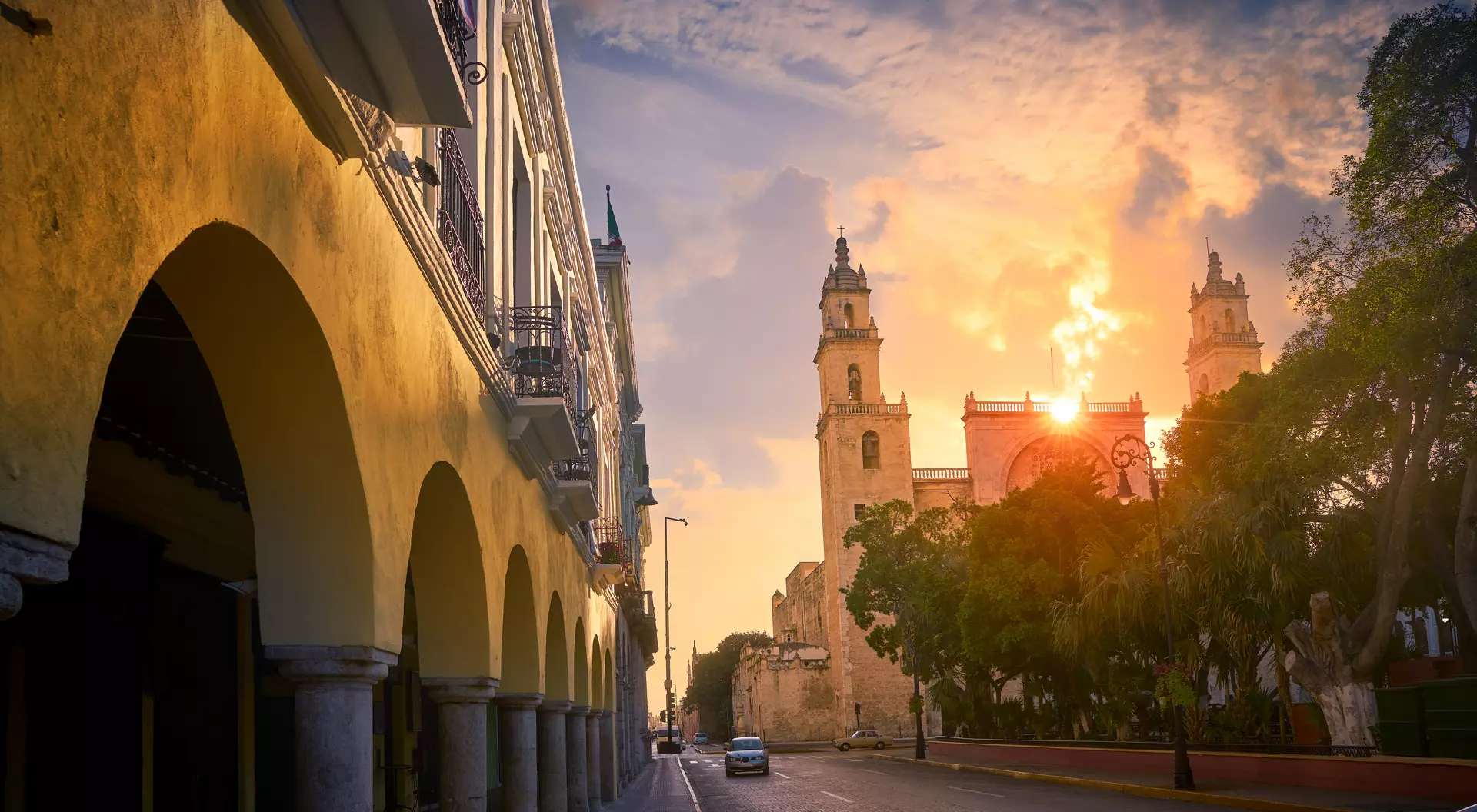 cathedral at sunset in downtown of a mexican city