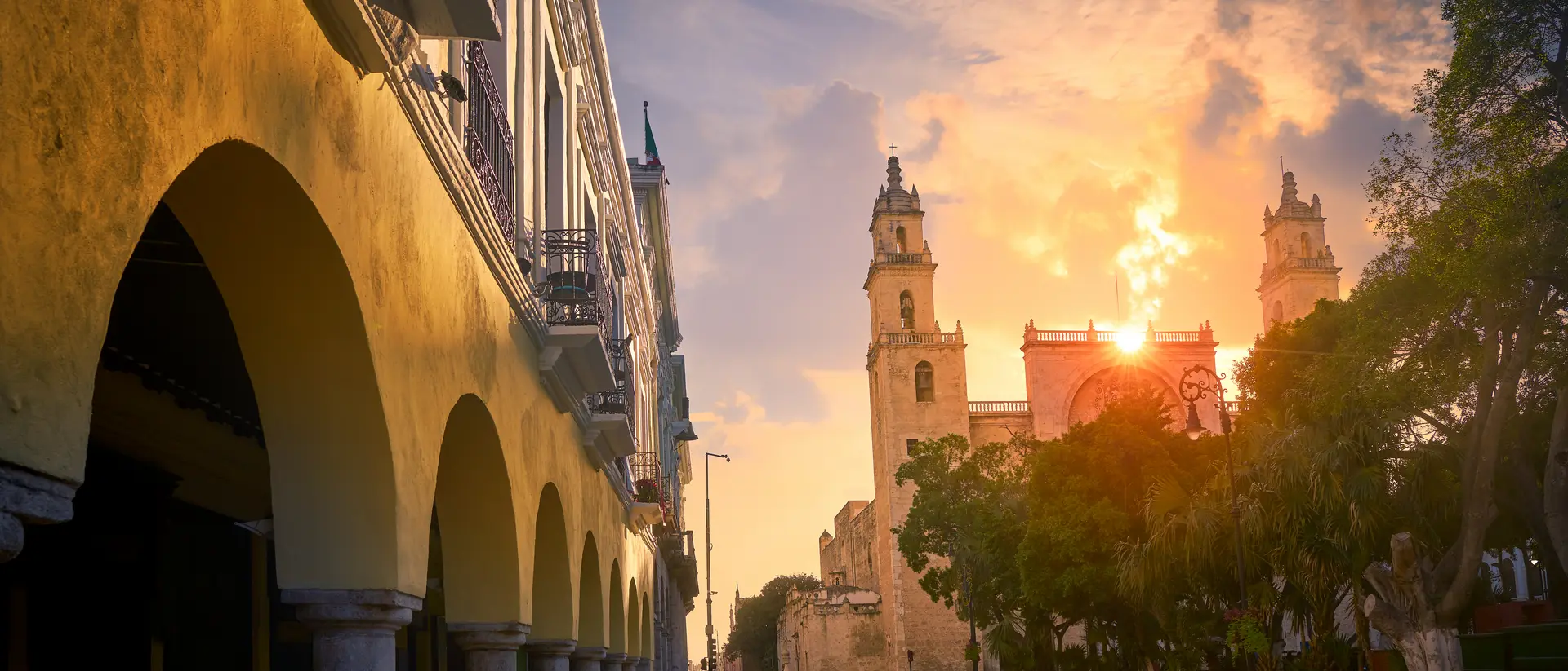 cathedral at sunset in downtown of a mexican city