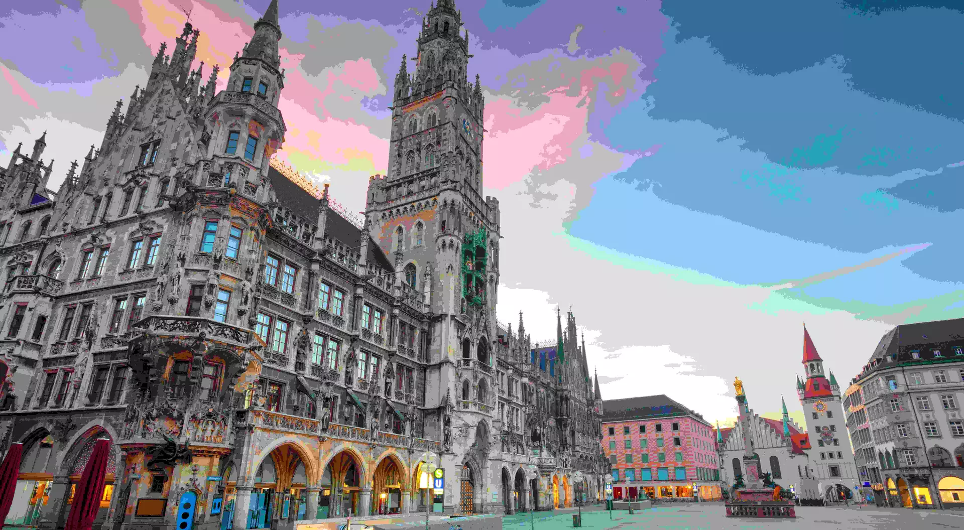 city hall with blue sky and pink clouds in European town