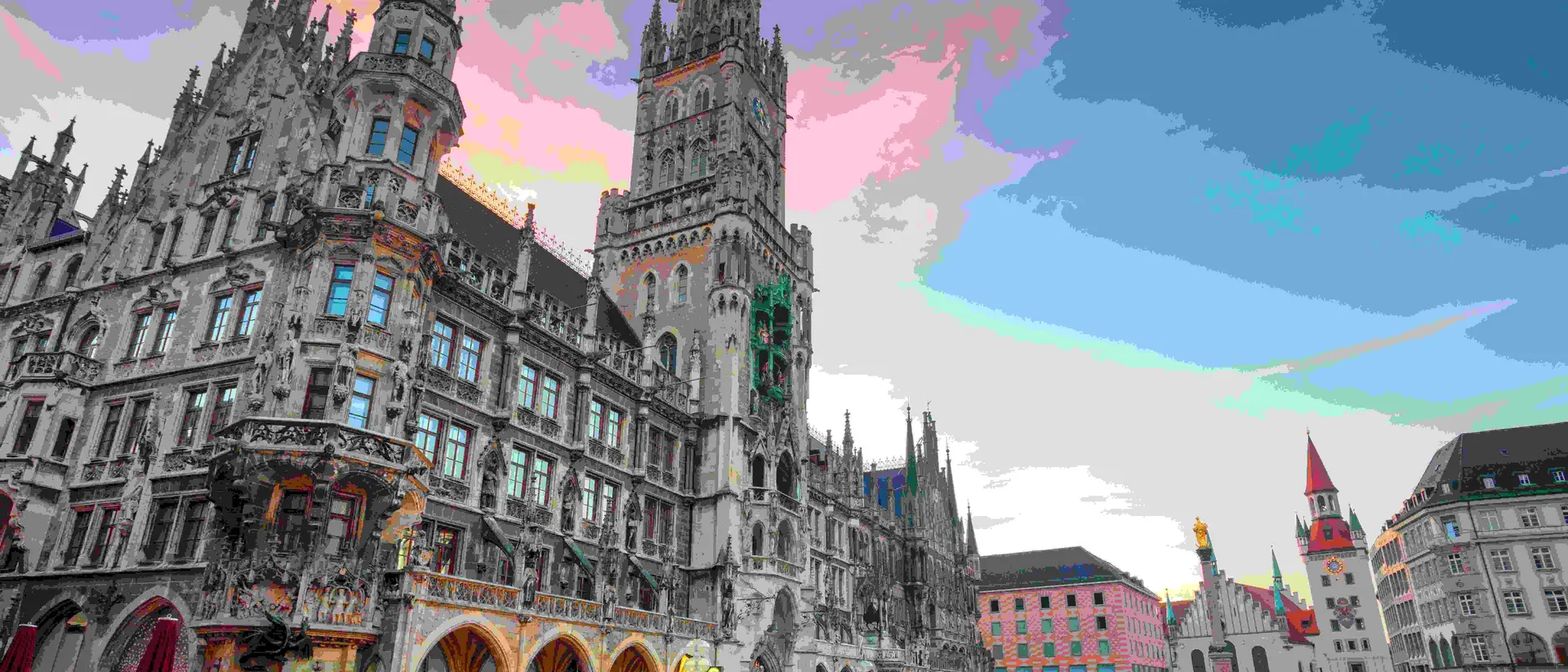 city hall with blue sky and pink clouds in European town