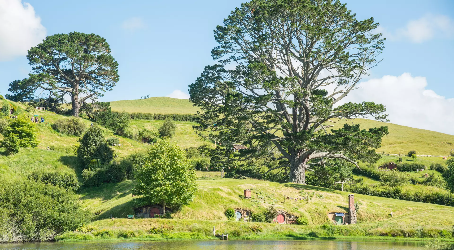 views of hobbit holes and the party tree along a lake