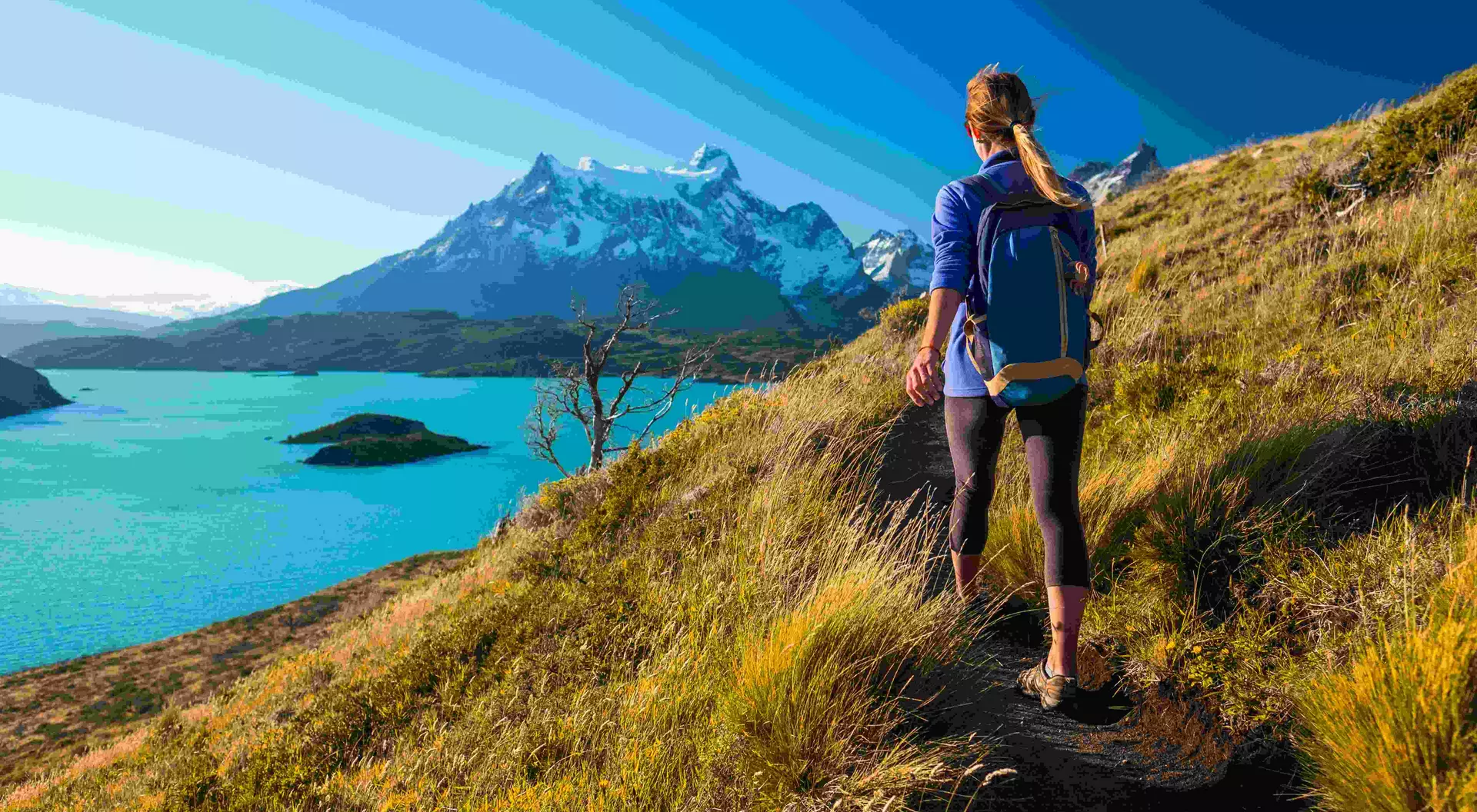 Woman hiker walks on the trail in the Torres del Paine National Park. Chile